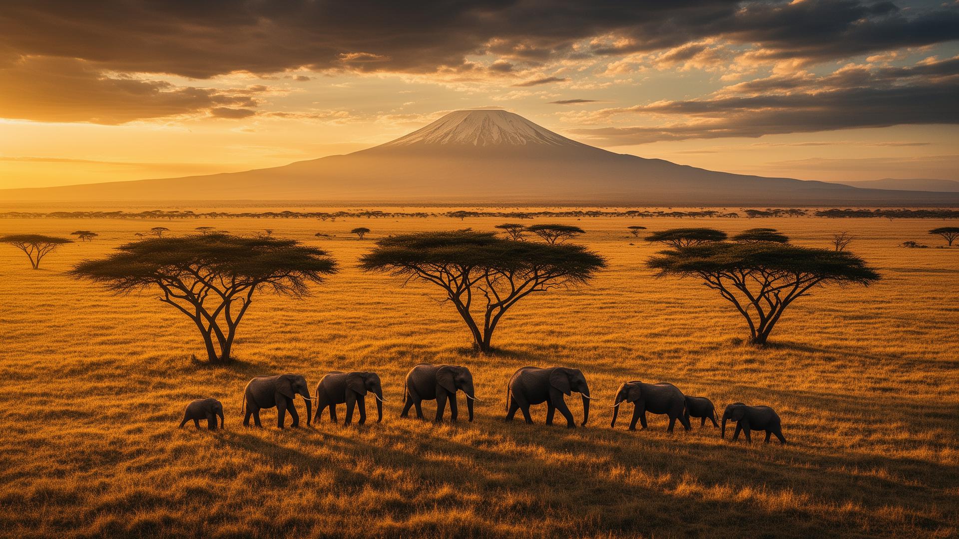 Elephants beneath Mount Kilimanjaro at golden hour